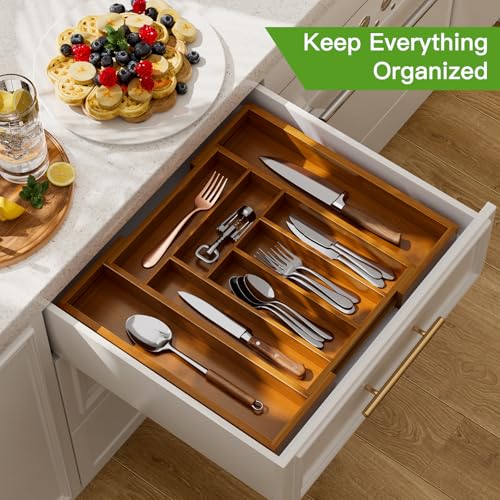 Pipishell Bamboo Expandable Drawer Organizer for Utensils Holder, Adjustable Silverware Organizer Cutlery Tray, Drawer Dividers for Utensils, Flatware, Knives in Kitchen, Bedroom, Living Room Brown - color: Brown, size: Large