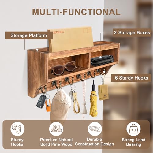 Key Holder Wall Mount - Mail Organizer Wall Mount with 6 Key Hooks and Storage Box for Sunglasses Storage and Dog Leash Holder Home Decor Rack Apartment Essentials Farmhouse Shelf Entryway Organizer - color: Brown