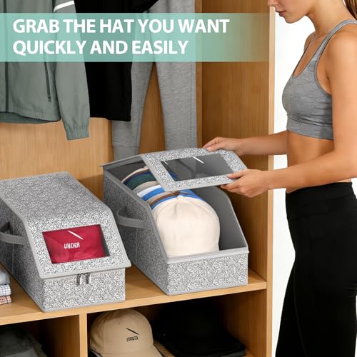 2 PCS Stackable Hat Organizer for Baseball Caps, Clear Window Dustproof Storage Boxes with Cardboard, Holds Up to 30 Caps, Sturdy Closet Hat Storage for Men & Women (Grey)