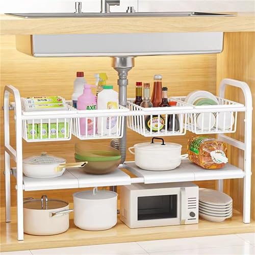 Under Sink Organizers, 2 Tier Stretchable Cabinet Shelf Organizer with 4 Removable Panels and 4 Under Shelf Basket for Under Bathroom Storage,Under Cabinet Shelves,kitchen Sink Storage Rack (white) - color: White