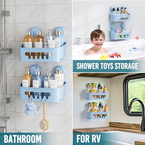 TAILI Shower Caddy Suction Cup 2 Pack, Heavy Duty Bathroom Organizer, Removable Shelves for Inside Shower, Shampoo, Waterproof Suction Plastic Storage for Bathroom Accessories Holder, Blue - style: 2 × Blue