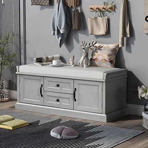P PURLOVE Rustic Storage Bench Wood Entryway Storage Bench with 2 Cabinets and 2 Drawers, Wood Shoe Bench Storage Bench with Removable Cushion for BeadRoom,Hallway, Entryway,Assemble Required - color: Gray Wash, size: with 2 Drawers and 2 Cabinets