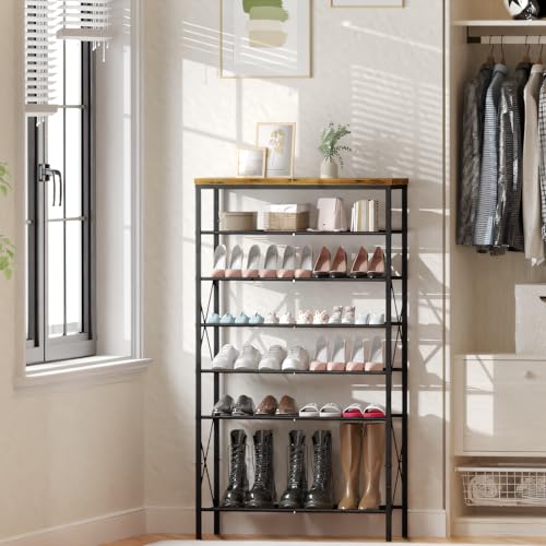8 Tiers Tall Shoe Rack Organizer, Large Capacity Shoe Rack Holds 32 Pairs of Shoes, Durable and Stable, Adjustable Metal Shelf Stackable Shoe Shelf for Entryway, Hallway, Living Room, Closet - color: Rustic Brown, size: 27.8" x 10.8" x 52.6"