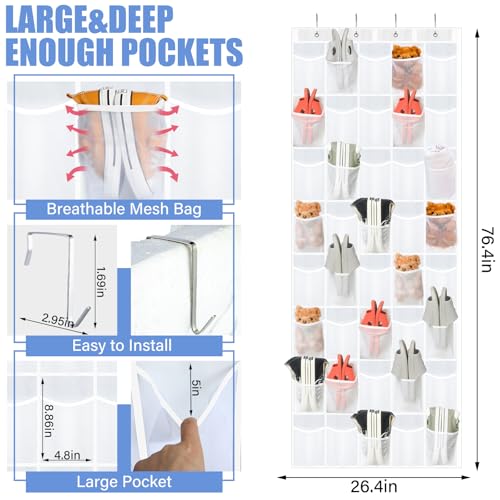 Windyun 2 Pack 40 Over the Door Shoe Organizers Large Mesh Pocket Hanging Shoe Rack for Closet Nonslip Behind Dorm Door Storage Holder Dorm Essentials Back to School Organizer for College - color: White