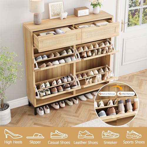 Jocoevol Rattan Shoe Cabinet for Entryway with 4 Flip Drawers and 2 Drawers, Narrow Freestanding Shoe Storage Cabinet with Metal Legs for Entryway/Hallway/Foyer (Natural) - color: Natural