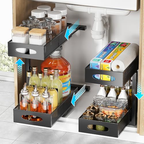 2 Pack Under Sink Pull Out Organizer, 2-Tier Adjustable Height Carbon Steel Storage Rack for Kitchen and Bathroom Cabinet, Black - color: Black