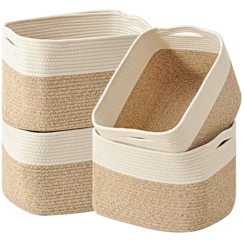 ICERZCZ Storage Baskets for Organizing & Shelves, Woven Cotton Rope Organization Bins for Dog Toys, Clothes, Books, Nursery Organizer, 15" Lx11''Wx9.5''H, (4 Packs) Off White & Brown - color: Off White & Brown, size: 15"(L)×11"(W)×9.5"(H)
