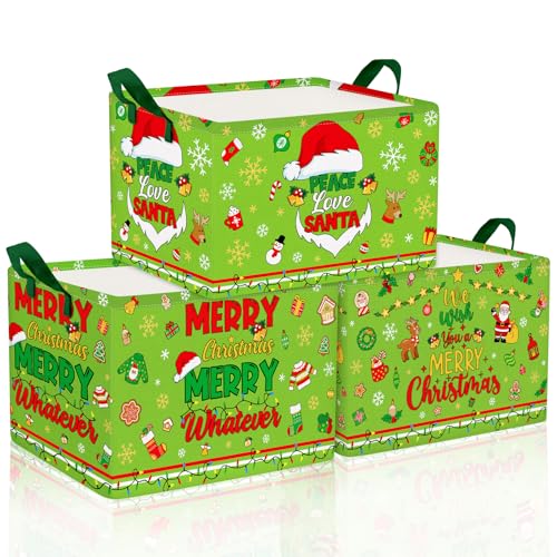 Geelin 3 Pcs Christmas Baskets Storage Funny Lime Green Christmas Santa Basket for Gifts Collapsible Waterproof Canvas Xmas Storage Bin Organizer with Handles for Book Closet Shelf Nursery Room Decor - style: Merry Santa