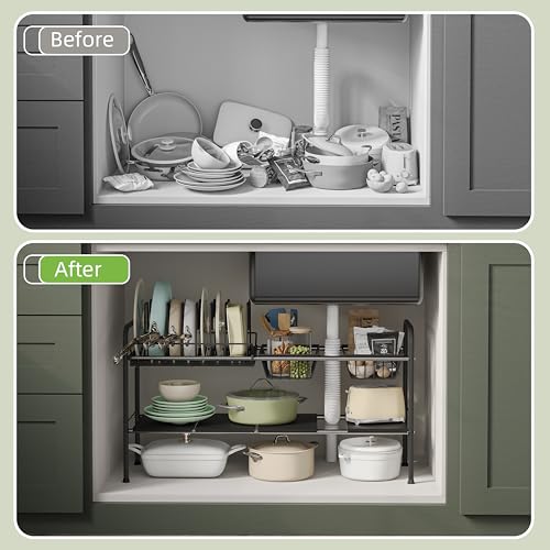 NETEL Adjustable Under Sink Organizers and Storage,Pots and Pans Organizer Under Kitchen Cabinet,Pan Lid Organizers inside Cabinet,Expandable Cabinet Storage Shelf with Pan Rack and 7 Dividers - size: Multi-functional with pot holder