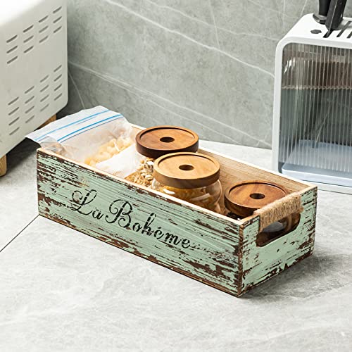 TIMRIS Farmhouse Distressed Wooden Storage Box, Rustic Bathroom Decor Box, Decorative Toilet Tank Basket, Vintage Countertop Organizer Box with Handles (Distressed Green) - color: Distressed Green