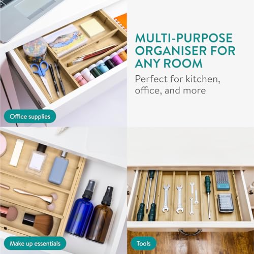 Navaris Bamboo Kitchen Drawer Organizer - Adjustable Silverware Organizer, Utensil Holder & Cutlery Tray - 11 Slots - Expandable Tray for Office, Tools, Makeup, Stationery