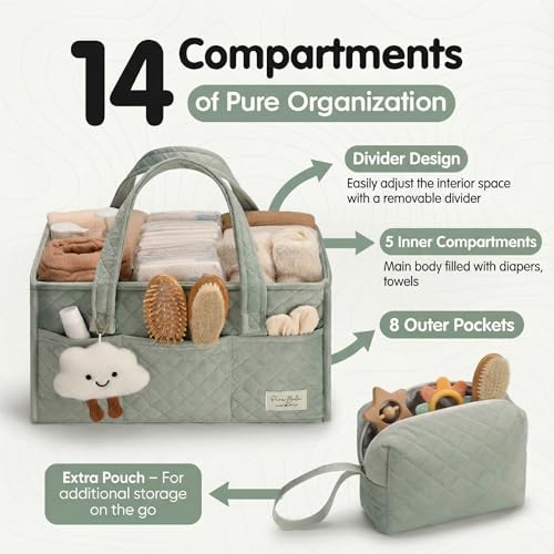 PeraBella Baby Diaper Caddy Organizer, Baby Basket Shower Gift, Portable Changing Table Basket, Postpartum Caddy & Tote Bag Pouch, Newborn Boy & Girl Nursery Essentials Registry, Car Diaper Organizer - color: Sage Green