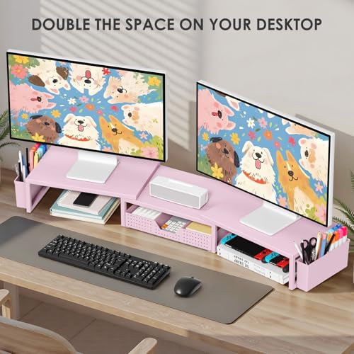 OPNICE Desk Organizers and Accessories, Dual Monitor Stand Riser with Drawer and 2 Pen Holders, Desk Shelf Metal Computer Racks for Office Workspace Organizers, Desktop Organization (Pink Metal) - color: Pink Metal, size: With drawer and pen holder