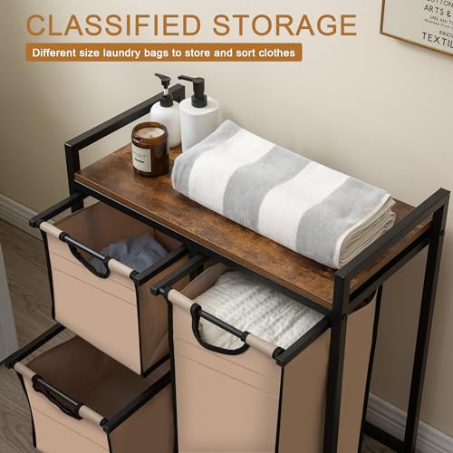 Suntage Laundry Basket Organizer - Hampers with 3 Compartments, Sliding Laundry Sorter Bags, Top Storage Shelf, Metal Frame - style: Rustic