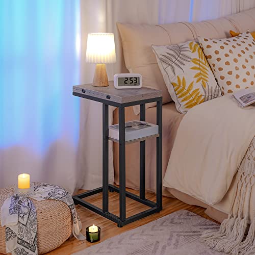 HOOBRO Foldable End Table, C Shaped Side Table with Storage Shelf, Small Snack Table Suitable for Living Room Bedroom Small Spaces, Easy Assembly, Greige and Black BG29SF01 - color: Greige + Black