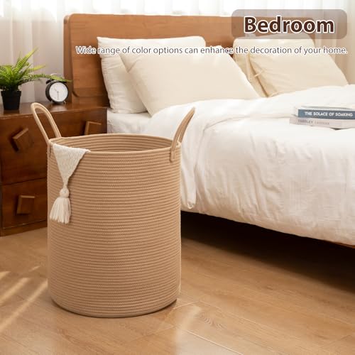 OIAHOMY Large Laundry Basket Hamper - 60L Cotton Rope Woven Basket for Blankets, Toys, Clothes - Tall Decorative Nursery Hamper with Long Handles, Yellow - color: Yellow, size: 60L