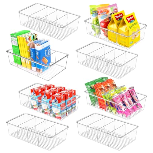 ZIZOTI Snack Organizer for Pantry Shelf, 8 Pack Clear Plastic Pantry Storage Bins with 3 Dividers for Snacks, Spices, Chips Food Organizer, Stackable Pantry Organizers for Kitchen, Fridge, Cabinet - color: 8 Pack