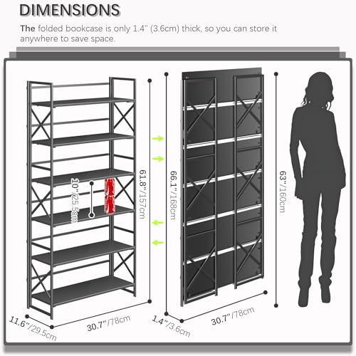 4NM Extra Wide 6 Tiers No Assembly Book Shelves, 61.8" H Folding Bookshelf Bookcase Open Industrial Foldable Shelves for Bedroom, Living Room, Home Office - All Black - color: All Black, size: Wide XX 6-Tier