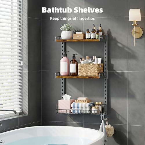 Kalrin 3 Tier Bathroom Shelves Over Toilet - Wall Mounted Floating Shelves with Drain Basket, Toilet Paper Storage, Height Adjustable Over The Toilet Storage, Vintage Brown - color: Brown