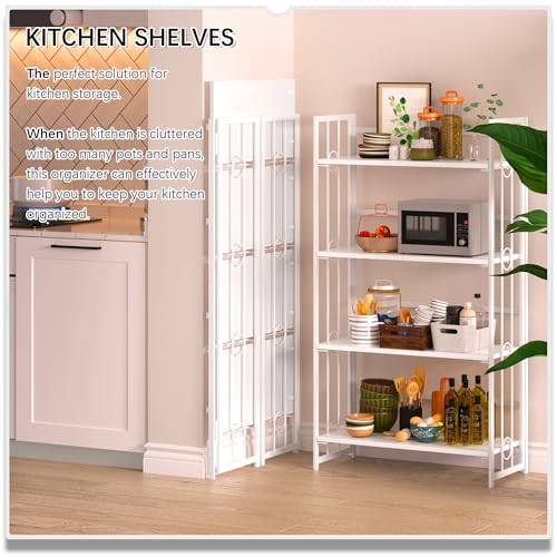 4NM No Assembly 4 Tiers Folding Bookshelf, 47.2" H Foldable Storage Shelves Vintage Bookcase Standing Racks Study Organizer Home Office - All White - color: All White, size: 4-Tier