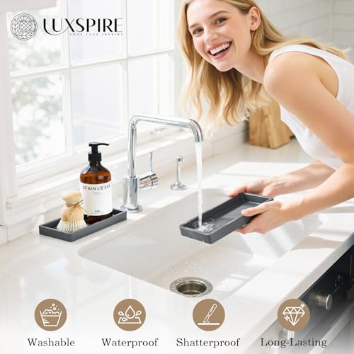 Luxspire Bathroom Vanity Tray, 7.9 x 4 Silicone Kitchen Counter Tray for Soap Dispenser, Bathroom Countertop Organizer for Perfume Soap Towel Bathroom Accessories, 2 Packs, Dark Gray - color: Dark Gray, size: 7.87 × 3.94 × 0.79 in