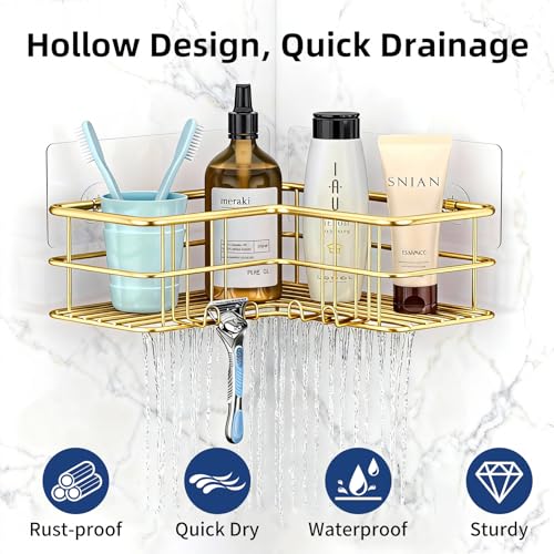 Menbyci 2 Pack Corner Shower Caddy, Adhesive Bathroom Shelf with 8 Hooks, Rustproof Stainless Steel Bathroom Organizer, No Drilling Shower Shelves Basket Wall Storage Rack Shampoo Holder (Gold) - color: Gold, size: 2 packs