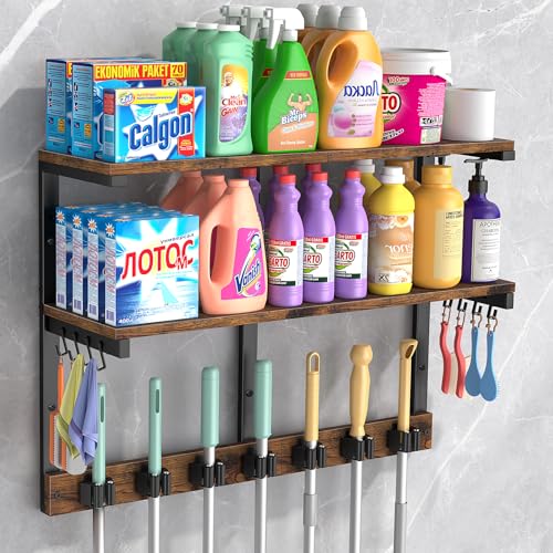 Housolution 2 Tier Broom Holder Wall Mount with Cleaning Supplies Organizer, 100 LBS High Load-Bearing Laundry Room Storage Shelves, Multifunctional Mop Hanger Rack with 7 Grippers & 8 Hooks - size: 2 Tiers