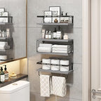 Fixwal 3+1 Tier Wall Mounted Bathroom Shelves Over Toilet, Rustic Wood Floating Shelves with Metal Frame and Towel Bar for Bathroom, Kitchen, Bedroom, Living Room (Gray) - color: 2-gray