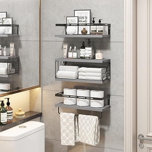 Fixwal 3+1 Tier Wall Mounted Bathroom Shelves Over Toilet, Rustic Wood Floating Shelves with Metal Frame and Towel Bar for Bathroom, Kitchen, Bedroom, Living Room (Gray) - color: 2-gray