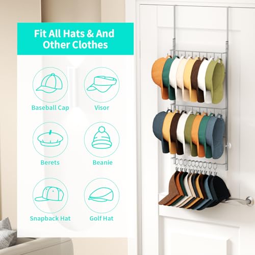 HapiRm Over Door Hat Rack - 3 Tier Wall Mounted Hat Organizer with 16 Hooks and 10 Movable Clips, Cap Hanger Storage up to 26 Caps for Door, Bedroom, Closet USPTO Patent Pending（Silver） - color: Silver, size: 3 Tier