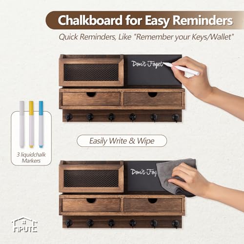 Key Holder for Wall, Key and Mail Holder for Wall with Storage Drawer, Entryway Rustic Home Decor, 3 Liquid Chalks & Chalkboard, 15.98”W x 9.1”H x 3.3”D, Brown - color: Brown