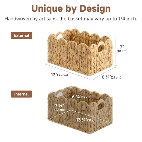 StorageWorks Scalloped Water Hyacinth Baskets, Hand-woven Rattan Baskets with Built-in Handles, Cute Baby Basket for Nursery, Basket for Organizing and Decor, 13"L x 8¼"W x 7"H - color: Water Hyacinth(Natural), size: 13"L x 8¼"W x 7"H
