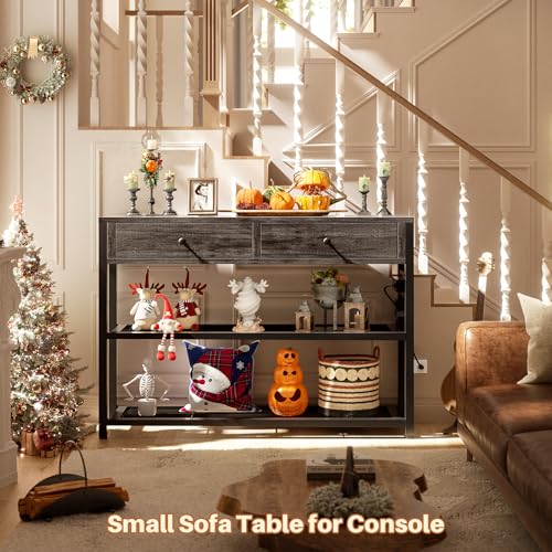 Ecoprsio Entryway Table with Outlets and USB Ports, Small Console Table with 2 Drawers, Sofa Table with Storage Shelves for Living Room, Couch, Hallway, Foyer, Kitchen Counter, 32'', Grey Oak - color: Grey Oak, size: 32-In