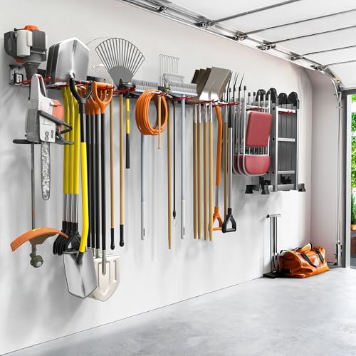 TORACK Garden Tool Organizer Wall Mounted, Garage Folding Chair Storage Rack, Tools Rack for Shovels, Rakes, Broom, Ladders, Hooks for Keyhole Style Shelving Unit(13 pcs) - style: 3 panels with 8 hooks