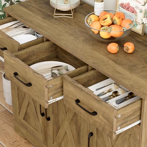 HOSTACK Modern Farmhouse Buffet Sideboard Cabinet, Barn Doors Storage Cabinet with Drawers and Shelves, Wood Coffee Bar Station for Dining Room, Kitchen, Living Room, Rustic Brown - color: Rustic Brown