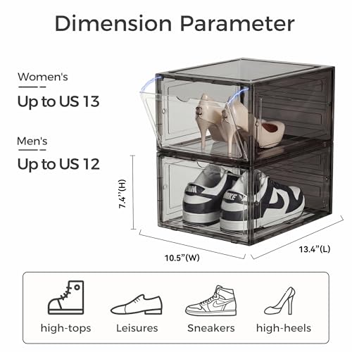 Pinkpum Upgraded Hard Shoe Storage Box 6 Pack X-Large Fit Size 12, Thicken & Sturdy Clear Plastic Stackable Shoe Organizer Box Closet, Sneaker Storage Display Case Holder Bins with Magnetic Door Black - color: Black Clear, size: 6 pcs