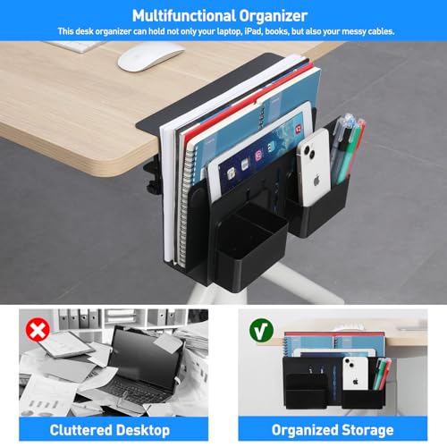 MAXECHO Desk Side Storage, Under Desk Laptop Mount, Table Side Hanging File Organizer, No Drill Clamp On Cable Management Tray, Laptop Holder with Magnetic Pen Holder for Office and Home, Load 22 Lbs - color: Black, size: Double-deck with Pen Holder
