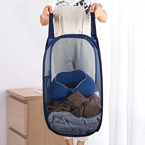 Larpur Popup Mesh Laundry Basket, Collapsible and Portable Clothes Washing Laundry Hamper with Reinforced Carry Handle (Blue*2) - color: 2*Blue