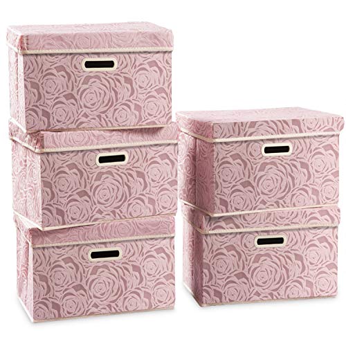 PRANDOM Collapsible Storage Boxes with Lids [5-Pack] Fabric Decorative Storage Bins Cubes Organizer Containers Baskets with Cover Handles Divider for Bedroom Closet Living Room Pink 14.9x9.8x9.8 Inch - color: Pink, size: Medium(5-Pack)