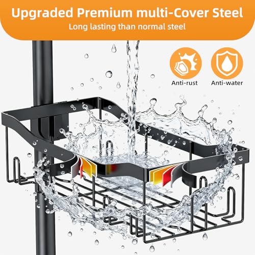Shower Caddy Corner, 6 Tier Tension Pole Rod Bathroom Organizer Shelves, Adjustable Bathtub Shampoo Stand Rack with Towel Rack 2 Holders for Inside Shower Storage, Floor to Ceiling 47-122 Inch, Black