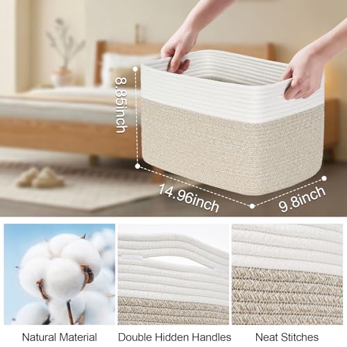 Baskets for Organizing,Storage Baskets,3 Pack Baskets for Shelfves,15"×10"×9" Woven Basket,toy storage bins,bins for organization - color: White&Brown