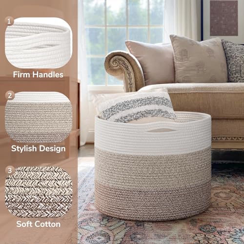 Goodpick Large Woven Basket, Blanket Basket Living Room 15.8"x15.8"x13.8", Woven Storage Bin for Baby Laundry, Light & Brown - color: White & Light Brown, size: 15.8x15.8x13.8 Inch (Pack of 1)