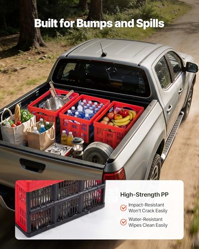 VEVOR Plastic Collapsible Storage Bins, 32L 3 Packs, Stackable Folding Storage Crates with Handles, Holds 26 lbs Per Bin, Foldable Heavy Duty Containers, Space-Saving Baskets, for Home Organizing - size: 32L-Red-3PC