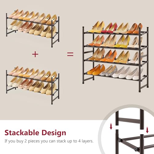 Tajsoon 2 Tier Expandable Shoe Rack for Closet, 28“-41“Adjustable & Stackable Shoe Shelf Storage, Metal Shoe Rack Organizer for Front Door Entrance, Closet, Garage, Entryway, Bronze - color: Bronze, size: 2 Tier