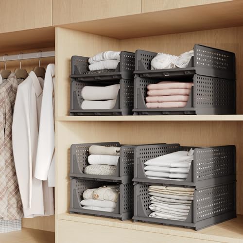 Pinkpum 5 Pack Folding Closet Organizers - Stackable Plastic Drawer Basket for Clothing, Shelf Storage Container for Closet, Wardrobe, Bedroom, Bathroom, Office (Black) - color: Black