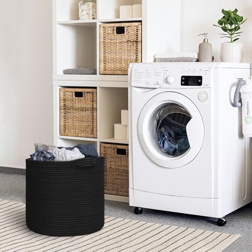 MEGASKET Large Black Storage Basket, 16" x 14" Cotton Rope Baskets for Storage, Blanket Storage Living Room, Big Woven Laundry Basket, Dog Kids Toy Box Organizer, Round Floor Shoe Towel Bin - color: Black