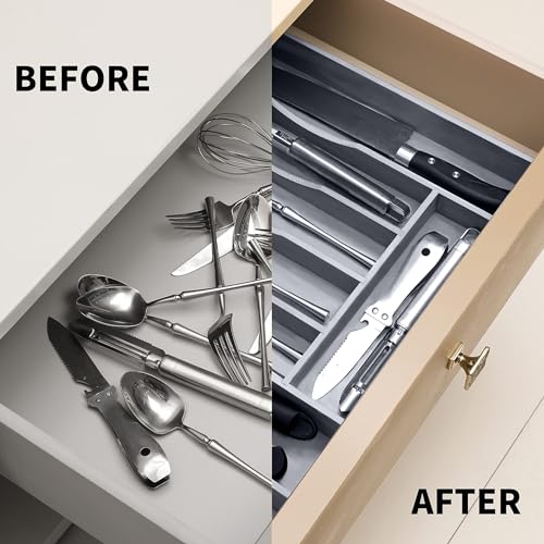 Expandable Bamboo Kitchen Drawer Organizer for Cutlery and Utensils, Adjustable Bamboo Wood Cutlery Tray in Drawer for Flatware and Silverware in Kitchen, (Grey) - color: Grey, size: 7 Slots Expandable