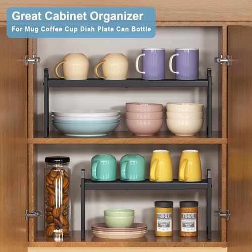 Narrow Expandable Cabinet Shelf Organizer 5.51" Width, Kitchen Counter Storage Shelves Spice Racks, Small Cupboard Countertop Tabletop Shelves Organizers, Expandable Adjustable Stackable, Load 30LBS - color: Black, size: 2 Pack Narrow Model: 12.5"-20.5"L