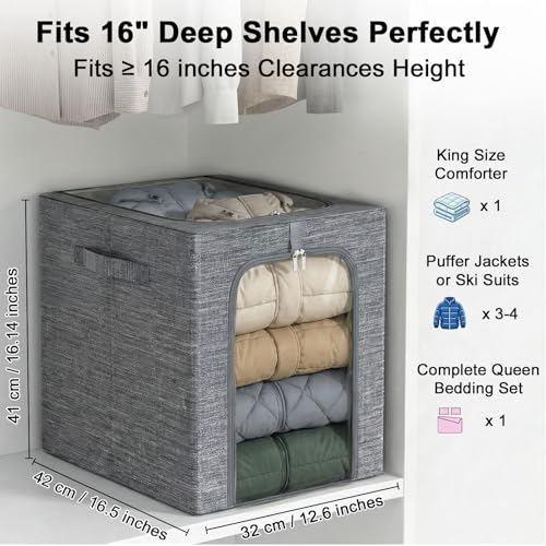 GoMaihe Clothes Storage Bins Metal Frame: 55L Extra Large Stackable Closet Storage Bin with Lid & Clear Window, Heavy Duty Blanket Box for Winter Coats Comforters (Fits Deep Closet 6-Pack) - color: 6, size: 55L