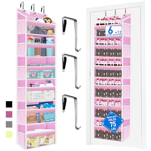 over the door organizer, Solid Bamboo Board (Not Plastic!) 6-Tier Heavy Duty 75LB, 12 Side Pockets, 3 Reinforced Hooks & Anti-Slip Pads, Waterproof & Washable, No Sagging, No Door Damage,Pink - color: over door organizer-Pink
